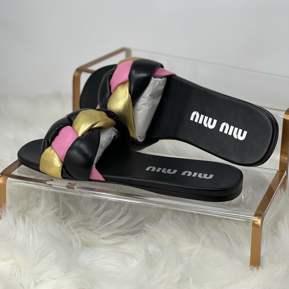 Miu Miu flat nappa leather sandals multicolor black EURO size 39/USA 9 - Picture 3 of 11